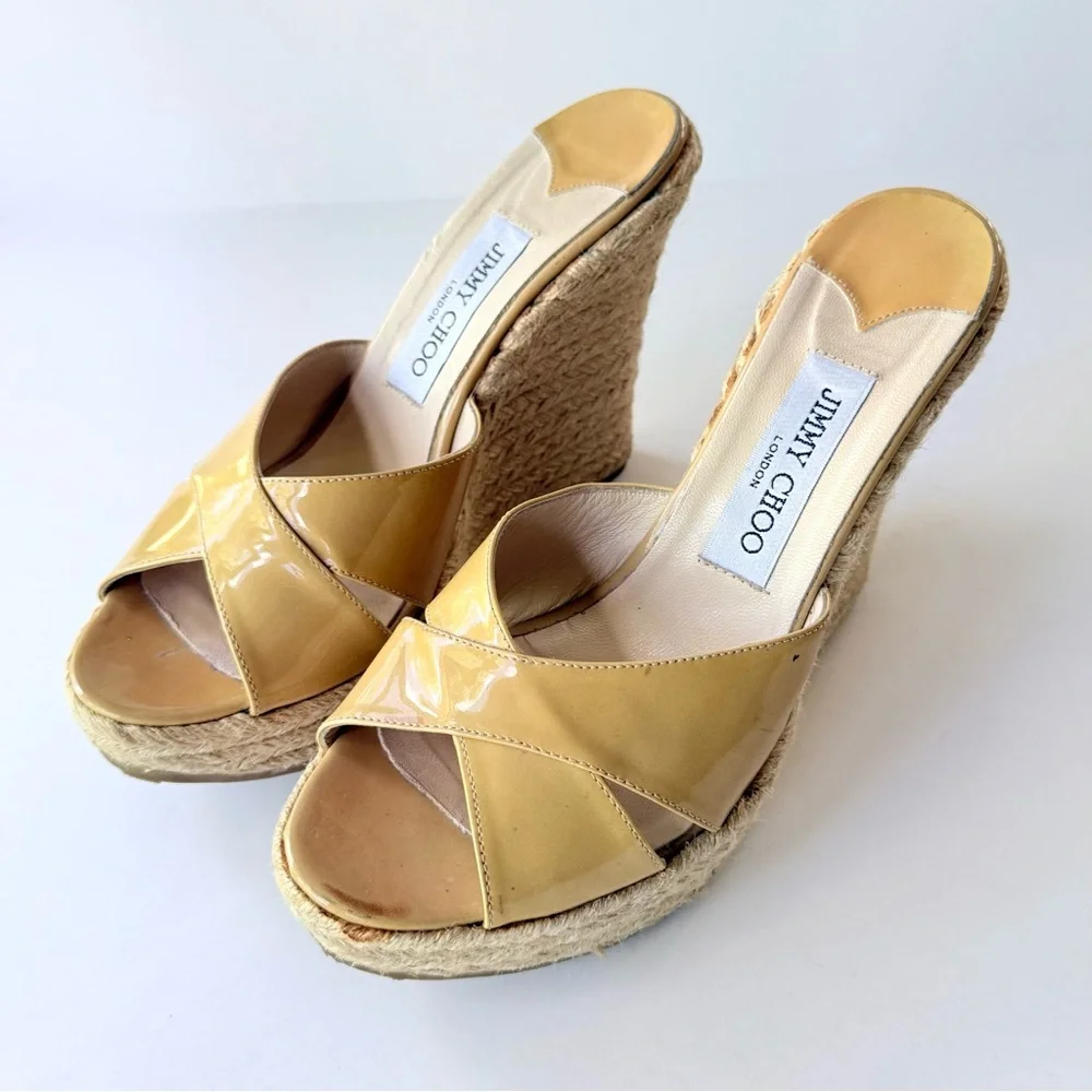 Jimmy Choo Patent Leather Espadrille Wedge Sandals Tan Camel 39